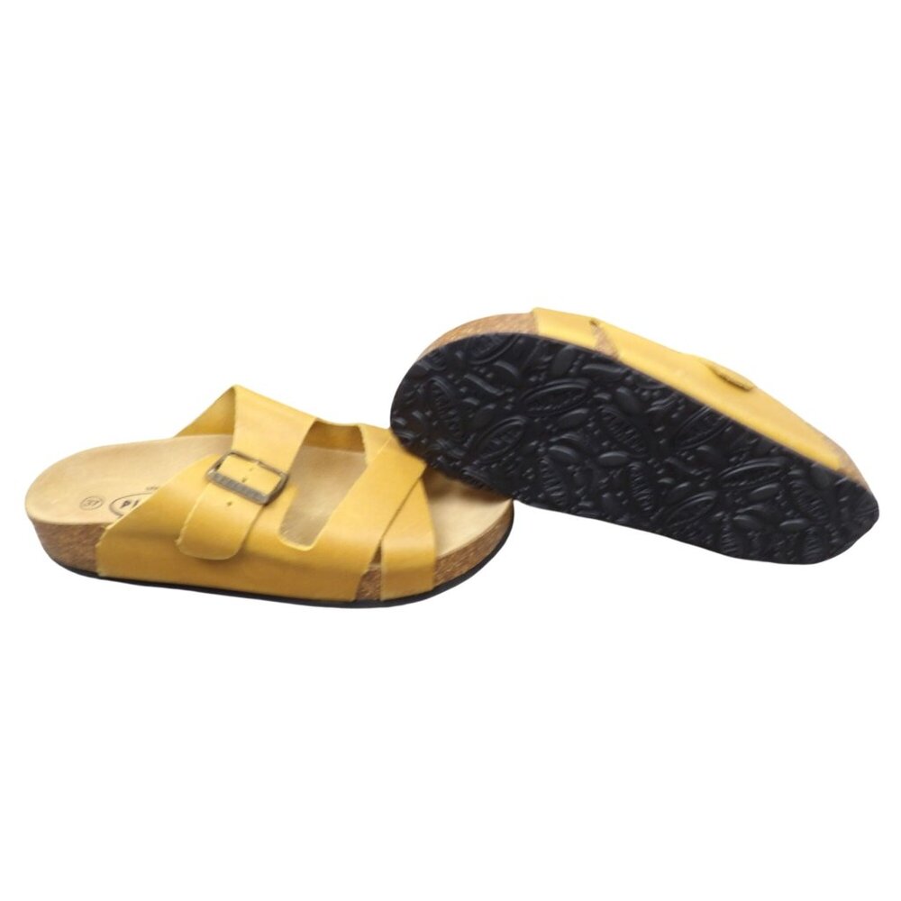 Plakton Yellow Leather Cork Sole Slide Sandals With Adjustable Buckle Size 6.5 E